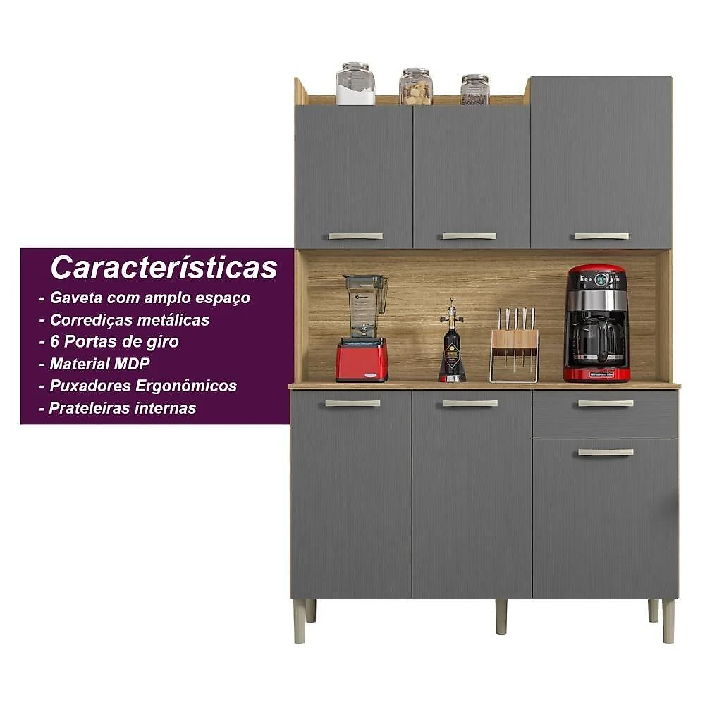 Armário De Cozinha Compacta 6 Portas 1 Gaveta Berlin - Freijó/gris