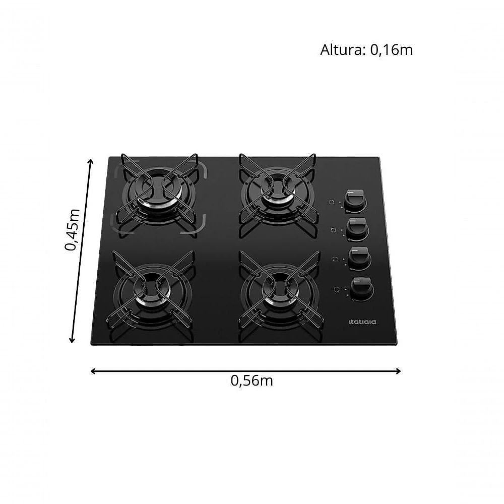 Cooktop A Gás Itatiaia Essencial 4 Bocas Mesa Vidro Temperado Preto Acendimento Automático Trempes Resistentes Bivolt