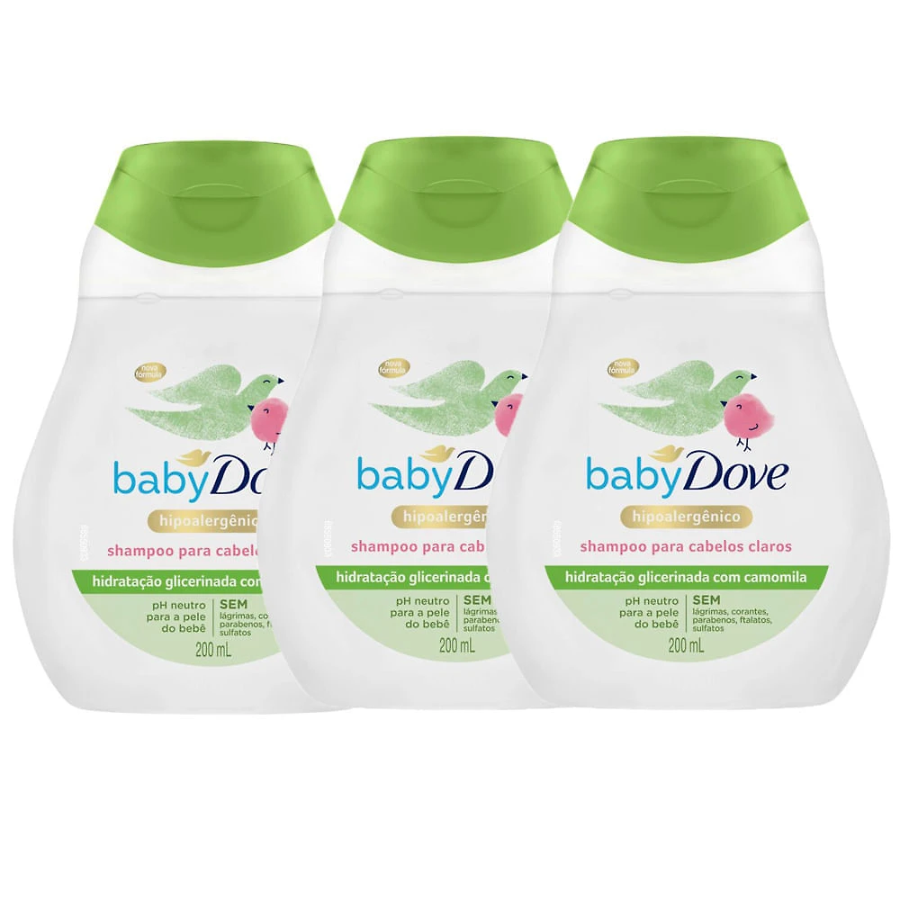 Shampoo Dove Baby Hidratação Enriquecida Cabelos Claros 200ml | Kit com três unidades