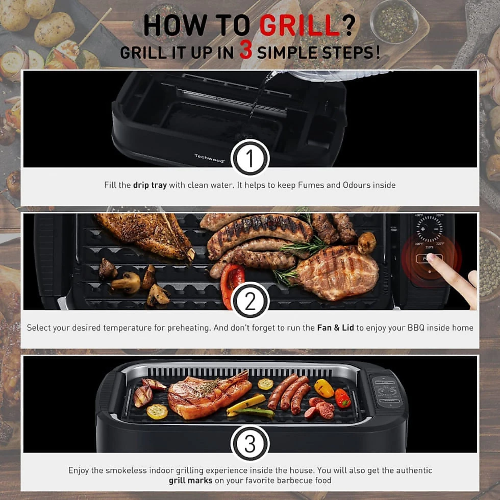 Churrasqueira Grill Elétrica com Tampa de Vidro Temperado e Placa Antiaderente, 110V 1500W, Techwood, Preta