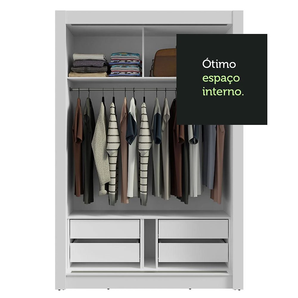 Guarda-Roupa Solteiro 2 Portas de Correr com Espelho 4 Gavetas Branco Vivare Plus Madesa Branco