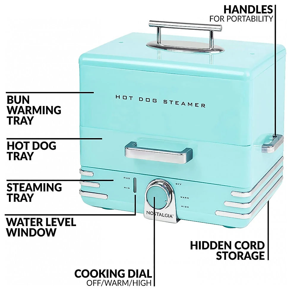 Máquina de Hot Dog Nostalgia até 20 Salsichas por Vez, Aço Inoxidável 110V 1500W Azul Turquesa