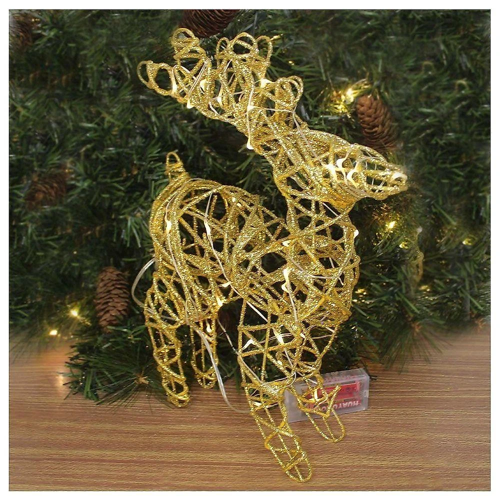 Rena Aramada Natal Iluminada 30 Led Dourada Com Glitter 30cm