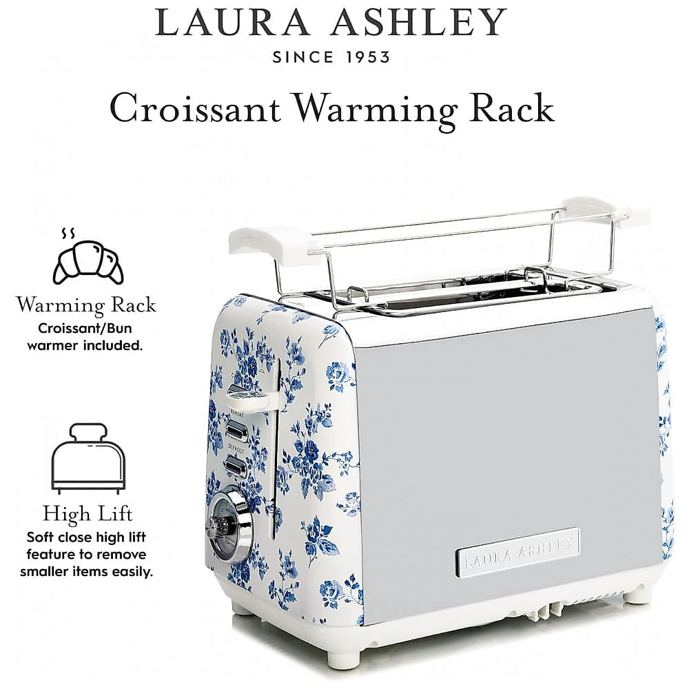 Torradeira 2 Fatias em Aço Inox Laura Ashley Rosa China com estampa floral, Slots Largos, 7 Níveis, Funções Descongelar, Reaquecer