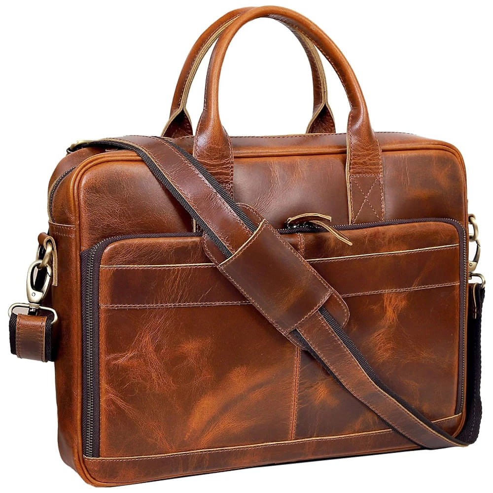 Bolsa Carteiro Masculina Couro de Búfalo para Laptop com 18 Polegadas, VC VINTAGE COUTURE, Marrom Claro
