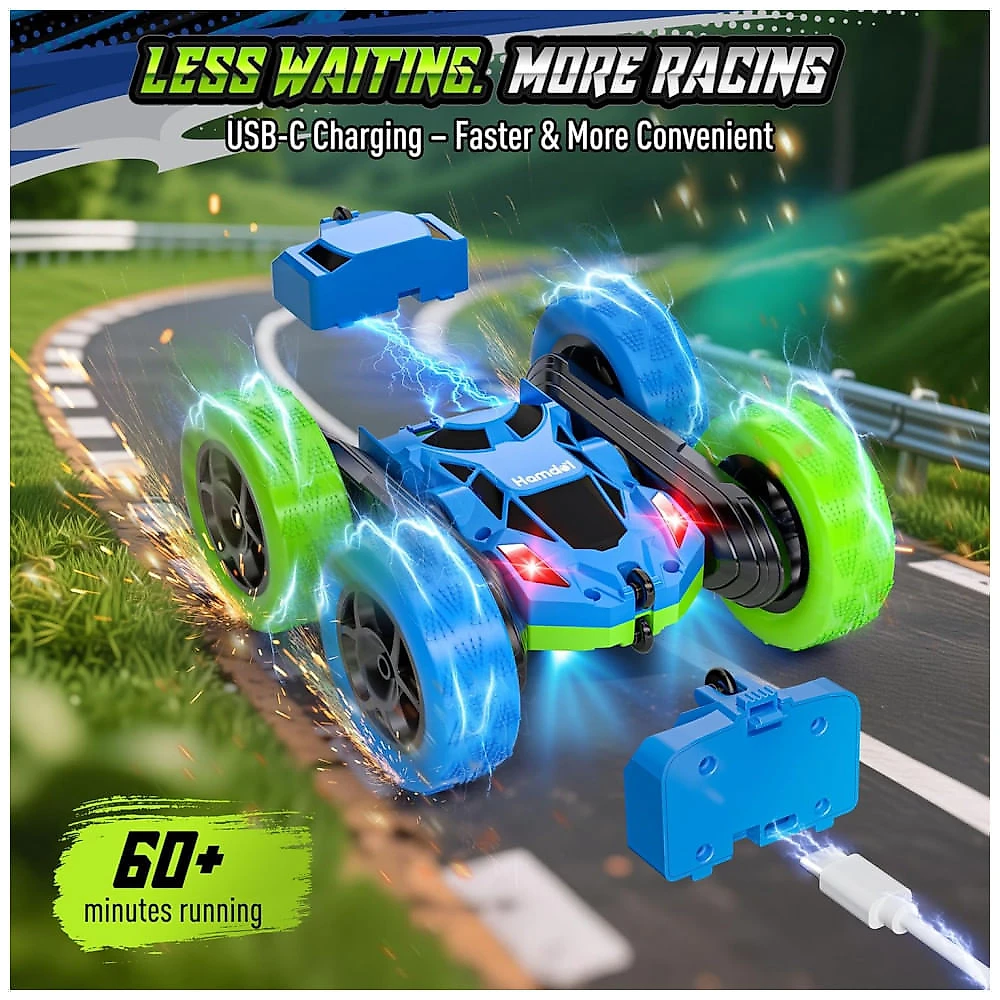 Carrinho de controle remoto STEM Hamdol 360° Stunt Car dupla face com luzes LED e giros 360°