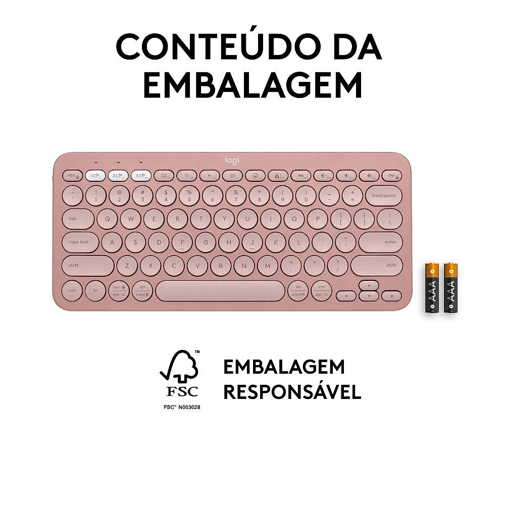 Teclado sem fio Logitech Pebble Keys 2 K380s - Rosa Teclado sem fio Logitech Pebble Keys 2 K380s com Conexão Bluetooth e USB Logi Bolt, Easy-Switch para até 3 dispositivos e Pilha Inclusa - Rosa