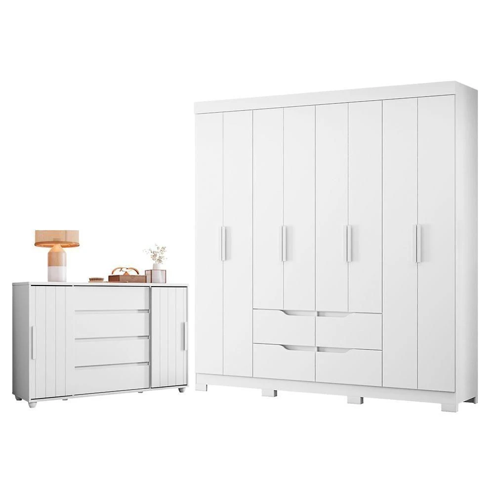 Conjunto Guarda Roupa Casal Doble 8 Portas Correr Cômoda 4 Gavetas MDP Branco Freijo Flex Albatroz