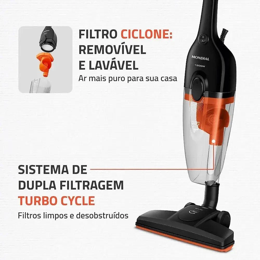 Aspirador de Pó Turbo Cycle Vertical Mondial AP-40-B 1500W 0,7L Filtro Lavável Preto 110V