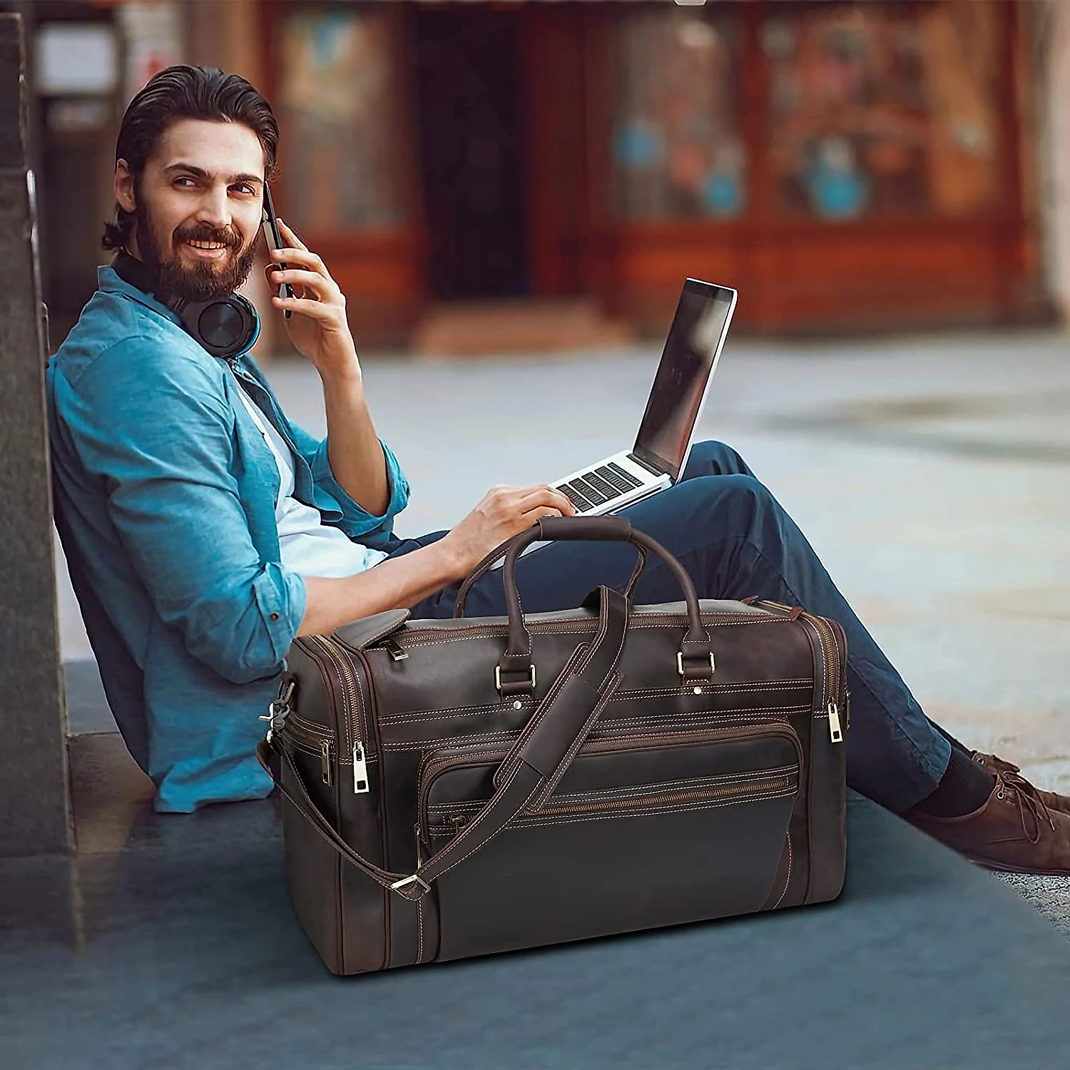 Polare Bolsa de Viagem Masculina 60 cm Clássica de Couro Genuíno Marrom Escuro