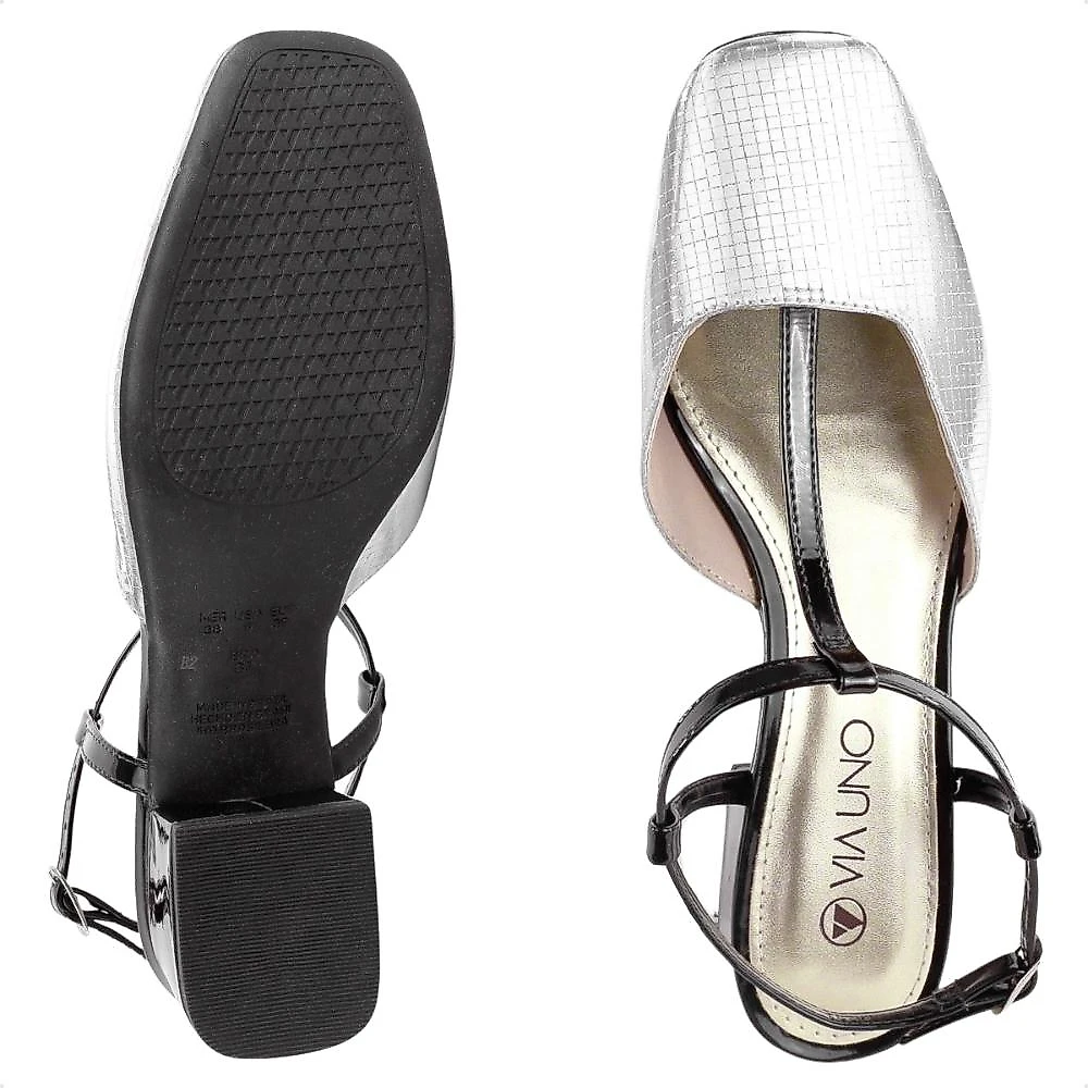 Scarpin Via Uno Salto Bloco Baixo Verniz Feminino Prata / Preto - 34