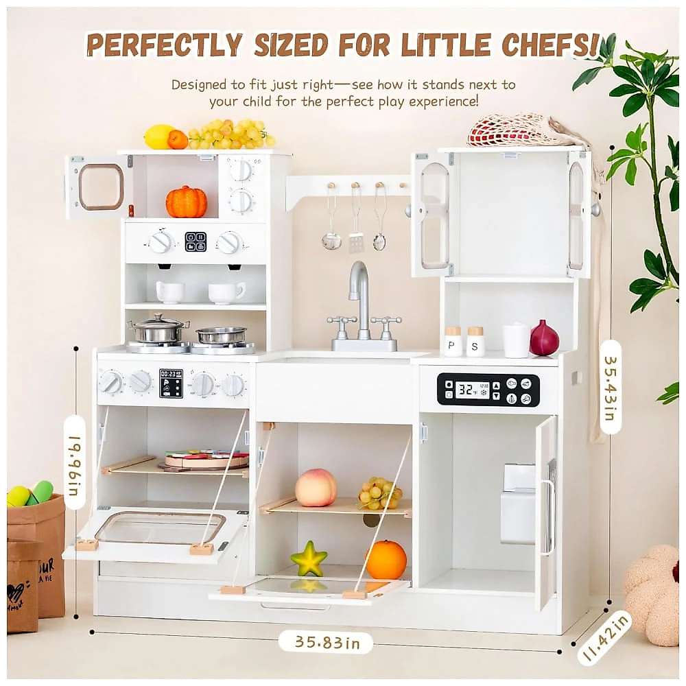 Cozinha infantil de madeira com luzes, sons e dispenser de gelo, 12 acessórios