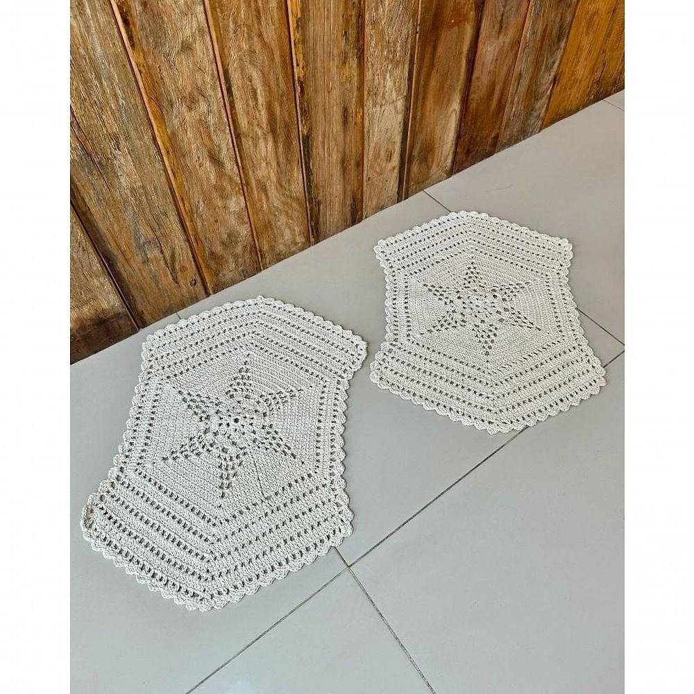 Kit 2 Tapetes Crochê Artesanal Estrela 70x50cm Algodão Creme