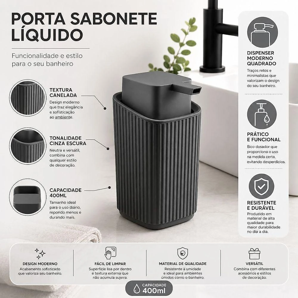 Porta Sabonete Líquido Canelado Premium Polipropileno (PP) Acabamento Texturizado para Banheiro