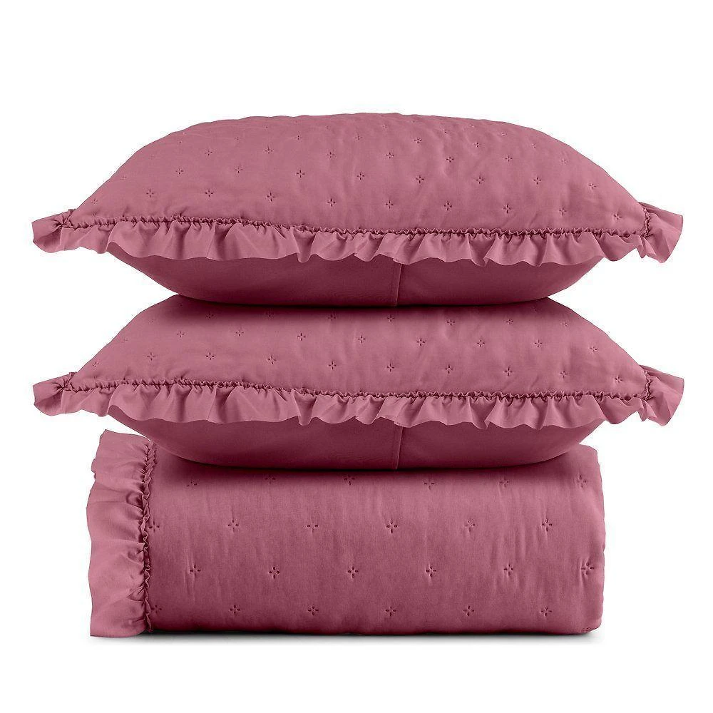 Kit Colcha Cobre Leito 200 Fios King 3 Peças Bella Babado 100% Poliéster - Rosa