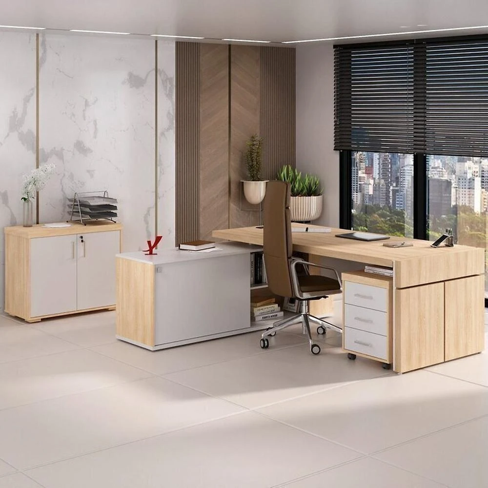 Kit 3 Peças com Mesa para Escritório Diretor em L, Armário Multiuso Baixo e Gaveteiro 3 Gavetas