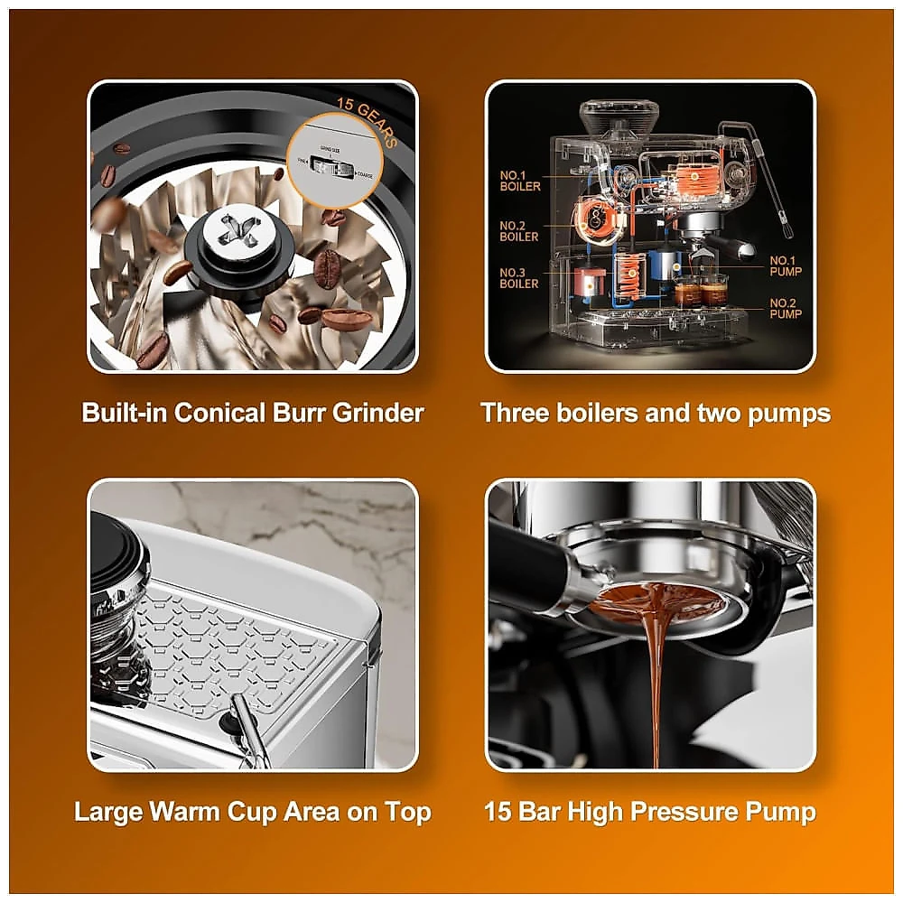 Máquina de Café Expresso Semi Automática 15 Bar com Moedor Embutido e Bocal de Leite, 110V 1450W, Mcilpoog TC520, Prata