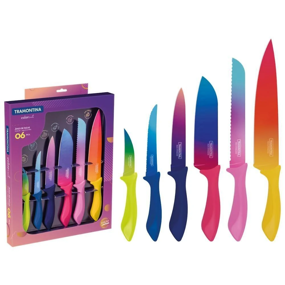 Jogo de Facas Colorcut com Lâminas em Aço Inox e Cabos Coloridos Cozinha Tramontina 06 Peças