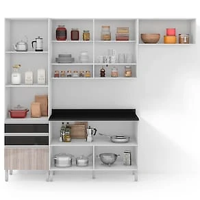 Miniatura Armário de Cozinha Compacta Bartira Jaspe com 6 Portas, 3 Gavetas e 6 Prateleiras - 260,4cm de largura Branco/Cinza