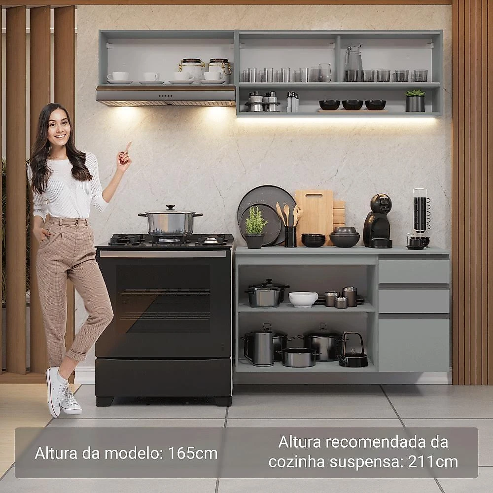Armário De Cozinha Compacta Suspenso 200cm Nice Madesa 11 Cinza