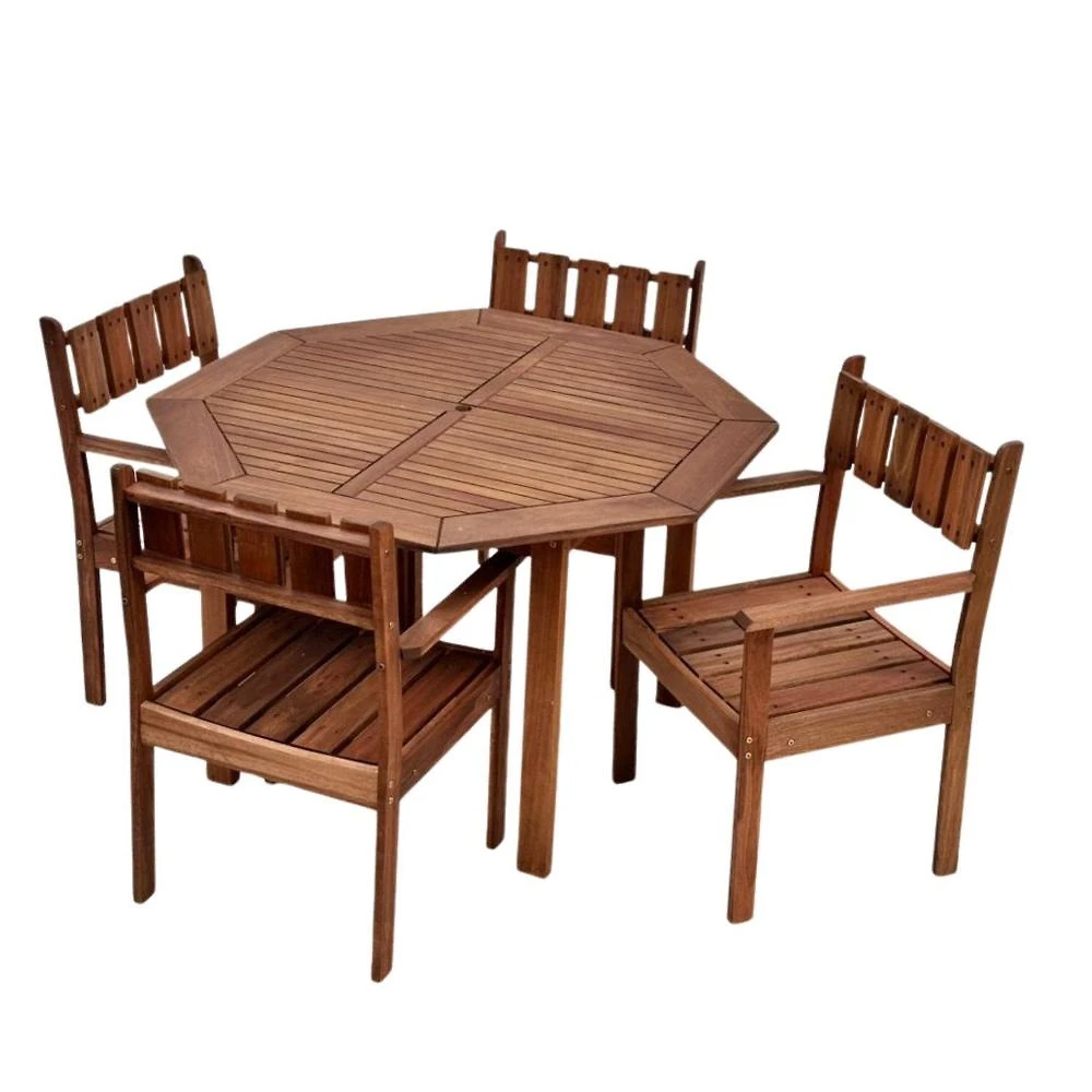 Conjunto Área Externa Mesa Oitavada 120cm e 4 Poltronas Eron Madeira Maciça Marrom Marrom