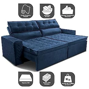 Sofá 3 Lugares Cama inBox Belém Retrátil e Reclinável Revestido em Suede Velusoft - 200cm de Largura Azul