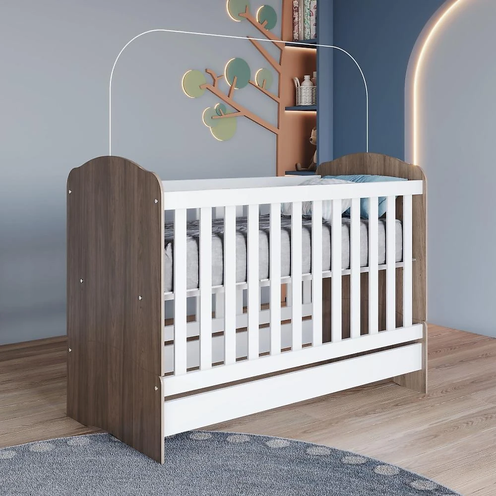 Quarto de Bebê Compacto com Berço e Guarda Roupa Lápis de Cor Espresso Móveis Rústico/Branco