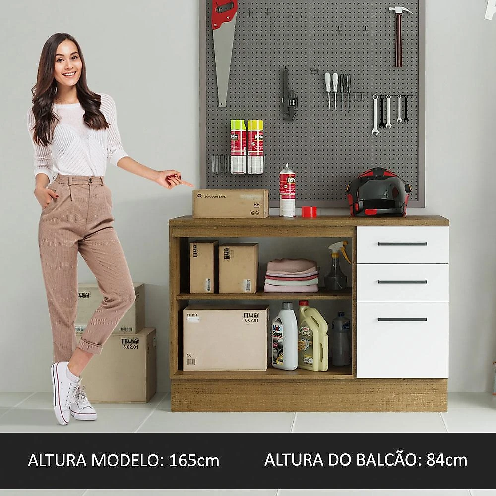 Balcão Multiuso 120cm 2 Portas 3 Gavetas Rustic/Branco Agata Madesa Rustic/Branco