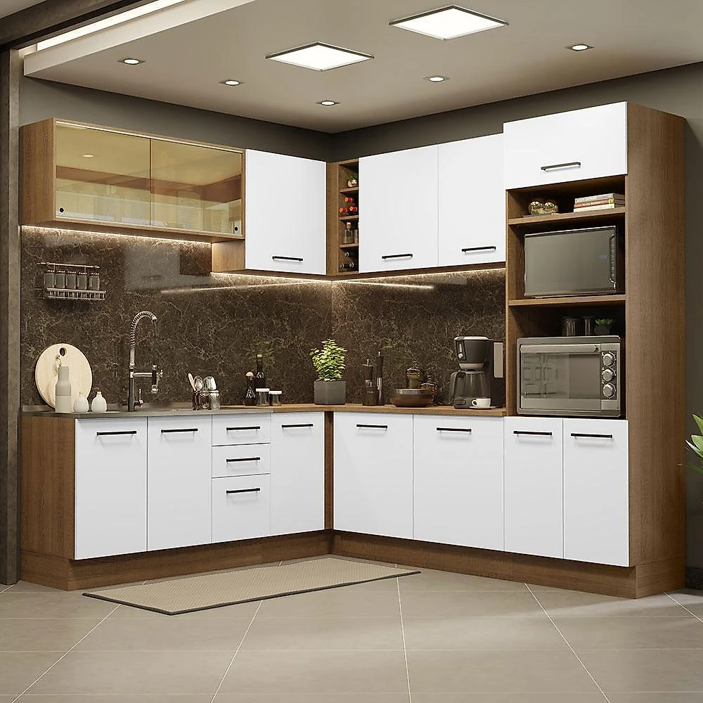 Cozinha completa de canto madesa agata 459001 com armário e balcão (sem tampo e pia) - rustic/branco