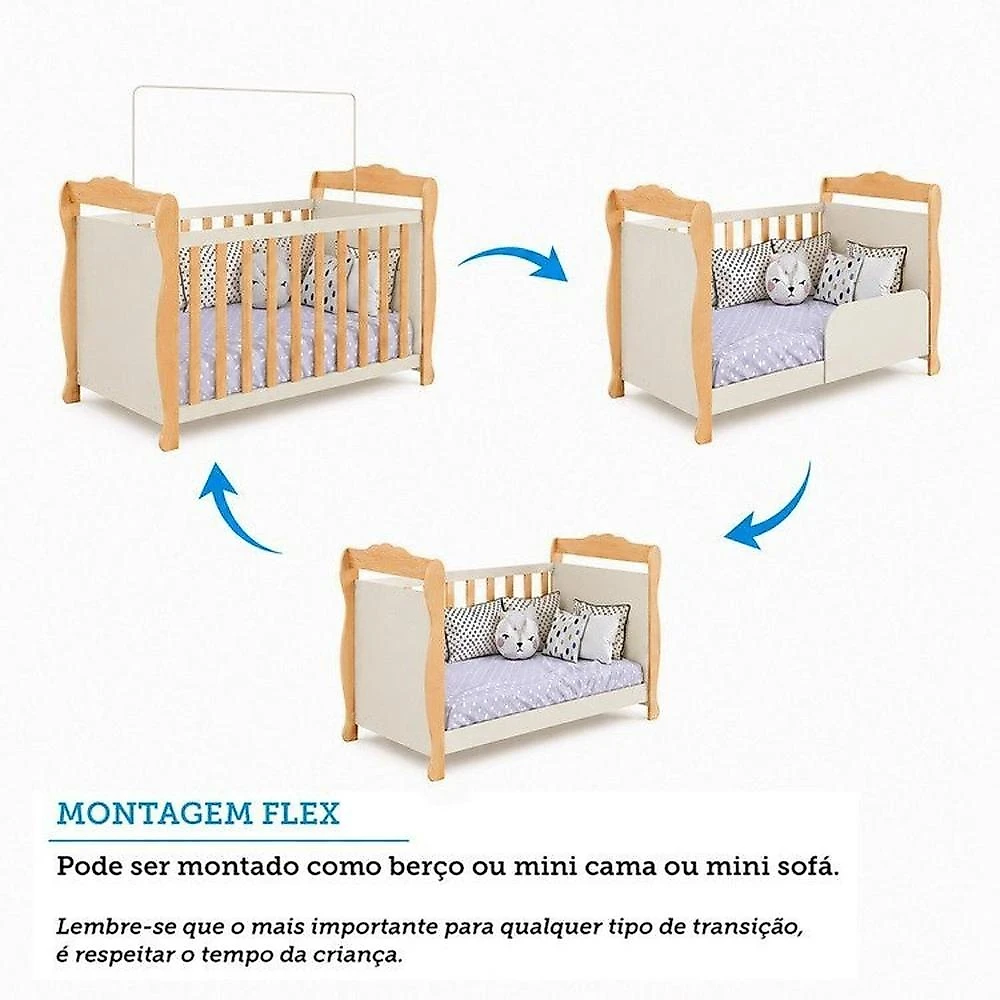 Quarto de Bebê Completo Berço 3 em 1, Cômoda e Guarda Roupa MDF Nina Espresso Móveis Branco/Amê Off White/Amêndoa