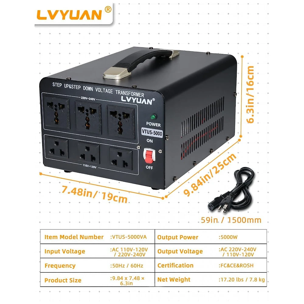 Transformador Conversor de Voltagem LVYUAN 5000W Preto Step Up/Down 110-120V/220-240V com 3 Tomadas US e 3 Universais LVYUAN-5000W-Transformer 120V