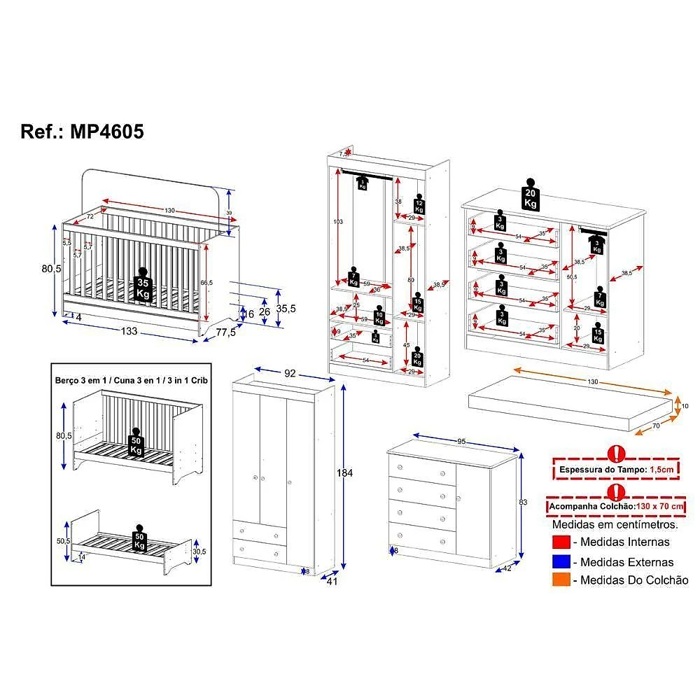 Quarto De Bebê Completo Berço Americano 3 Em 1 Colchão Encanto Multimóveis MP4605 Branco-off White