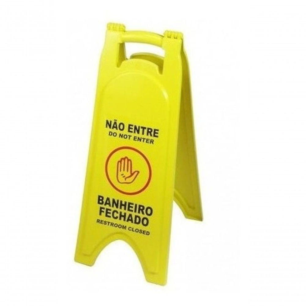 Placa Sinalizadora Piso Molhado Manutenção Não Entre Trilingue Amarelo Higipack
