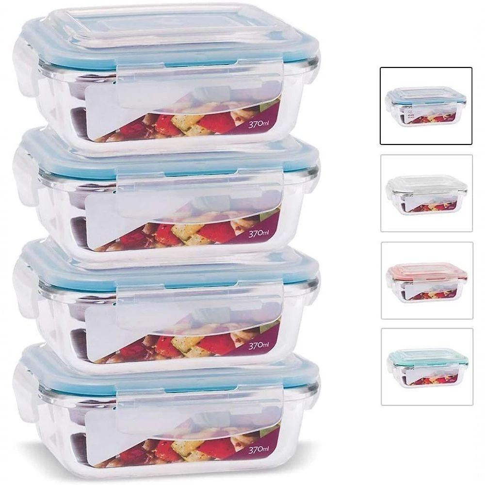 Kit 4 Potes de Vidro Retangular com Tampa Hermética 370ML para Cereal Biscoitos Massa Arroz Sopa