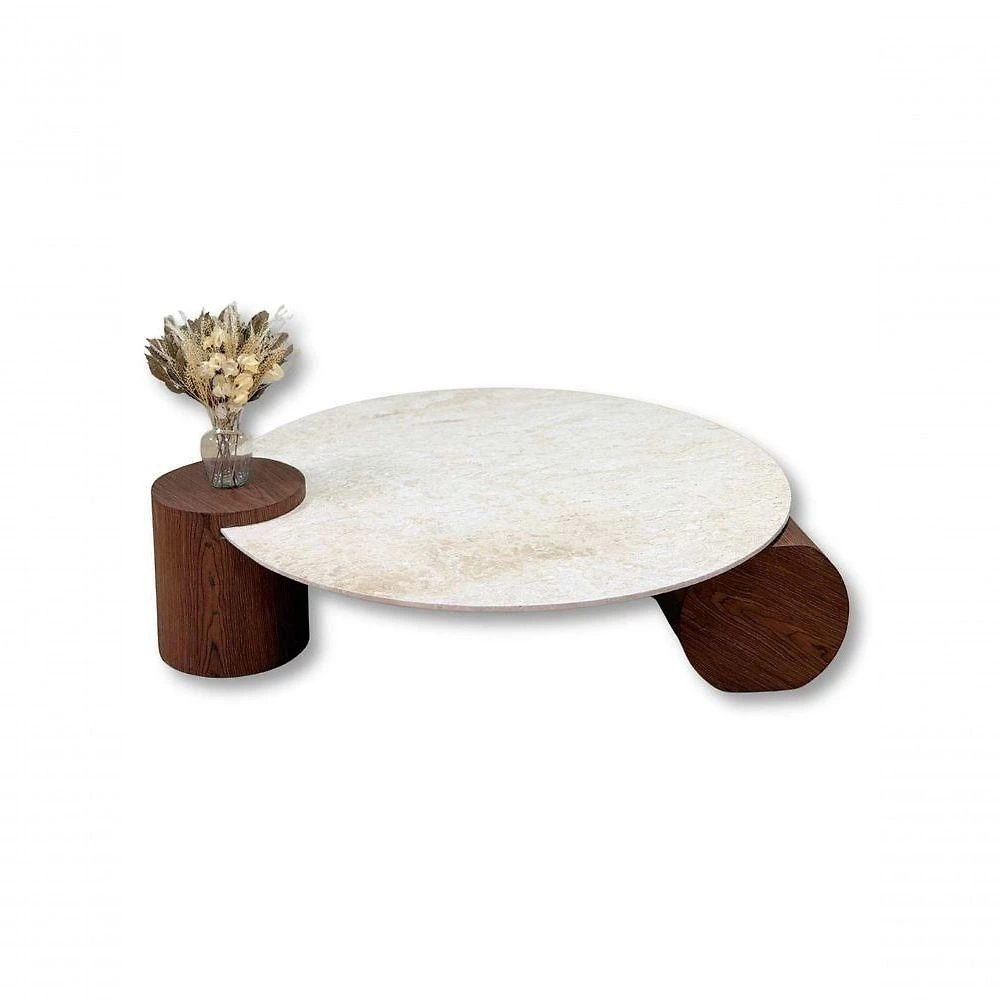 Mesa de Centro Orbita Redondo Mármore Travertino Madeira Nogueira 90CM Modelar Art Moveis