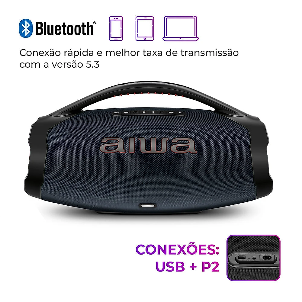 Caixa de Som Boombox Plus AIWA BBS-01-LBL 200W BT 30H IP66 USB RGB BOOMBOX C/ LUZES AWS-BBS-01-LBL BIVOLT
