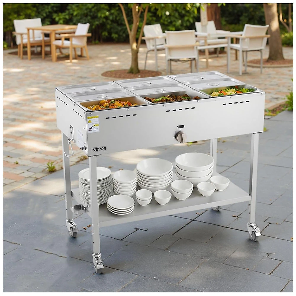 Mesa Aquecedora a Gás VEVOR GBW-9 9 Cubas Inox Rodízios Válvula de Drenagem Uso Externo