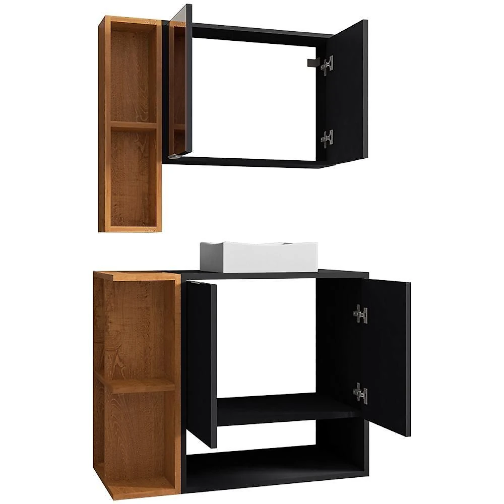 Gabinete Para Banheiro Com Cuba E Espelho Siesta B02 Preto Fosco Naturalle - Lyam Decor
