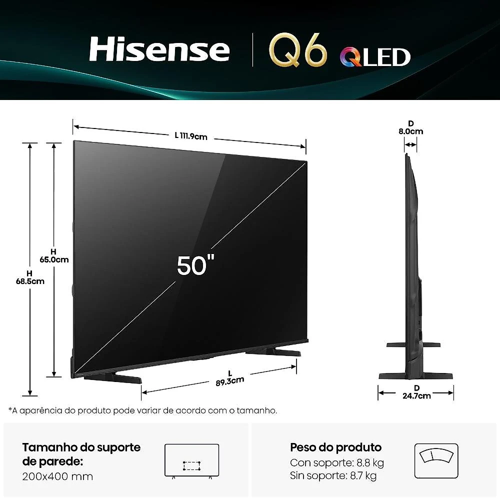Smart tv 50” 4k hisense 50q6qv qled hdr10 dolby atmos vidaa u9 preto