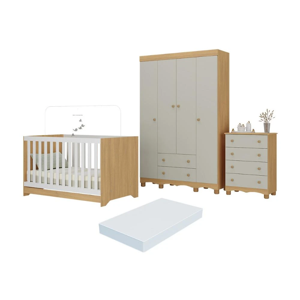 Quarto de Bebê Completo com Berço Americano 3 em 1 Colchão Incluso Dengo Multimóveis MP4604