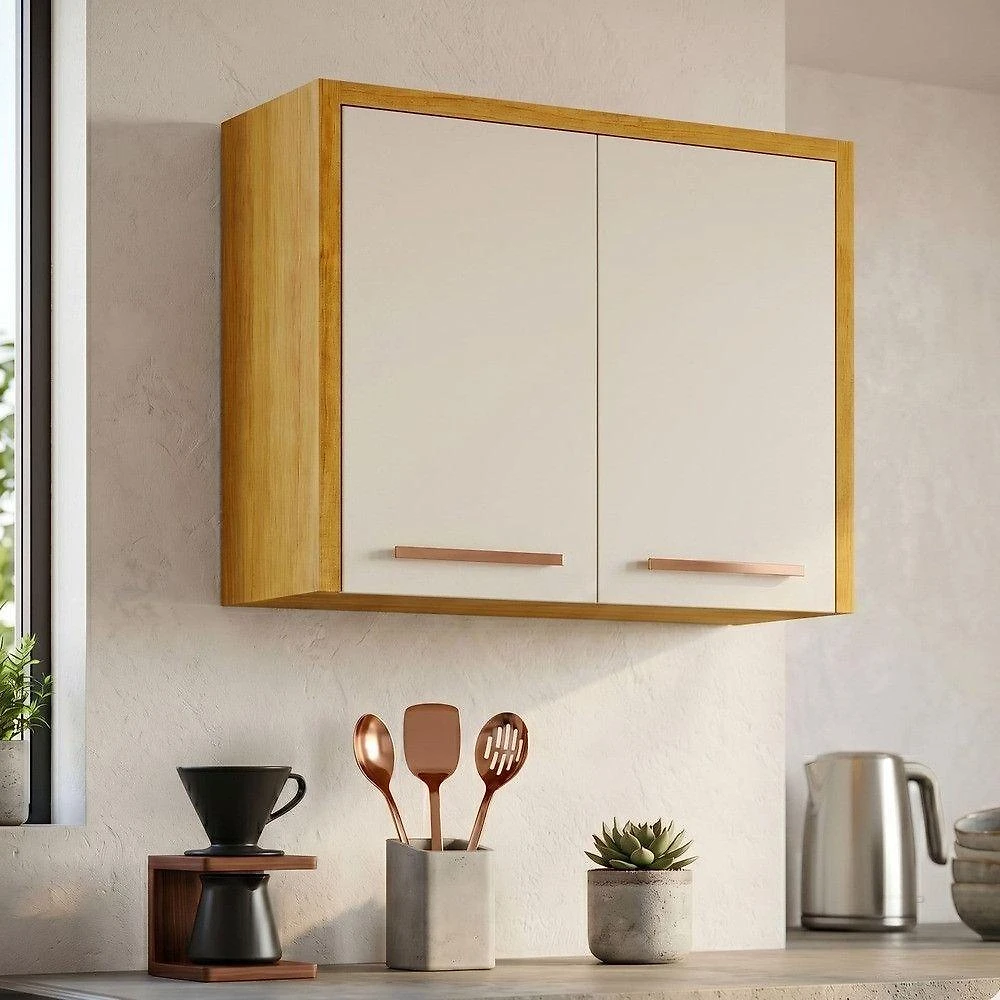 Armário Aéreo de Cozinha Dafne 82cm 2 Portas em MDF Cinamomo-off White Acetinado Mobilihouse