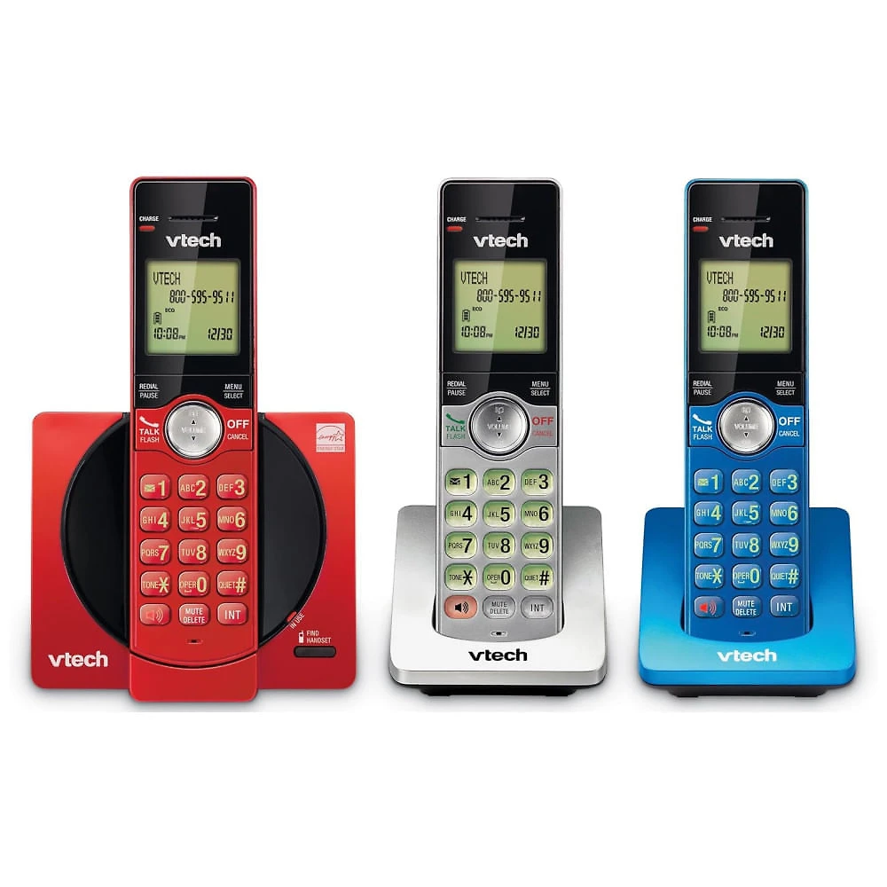 Telefone sem fio VTech com 3 ramais para casa, identificador de chamadas e viva-voz, modo ECO, montagem na parede - Vermelho/Azul/Cinza