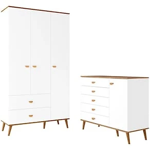 Miniatura Guarda-Roupa Bartira Ternura com 3 Portas, 2 Gavetas + Cômoda Bartira Ternura com 5 Gavetas e 1 Porta Branco Wood