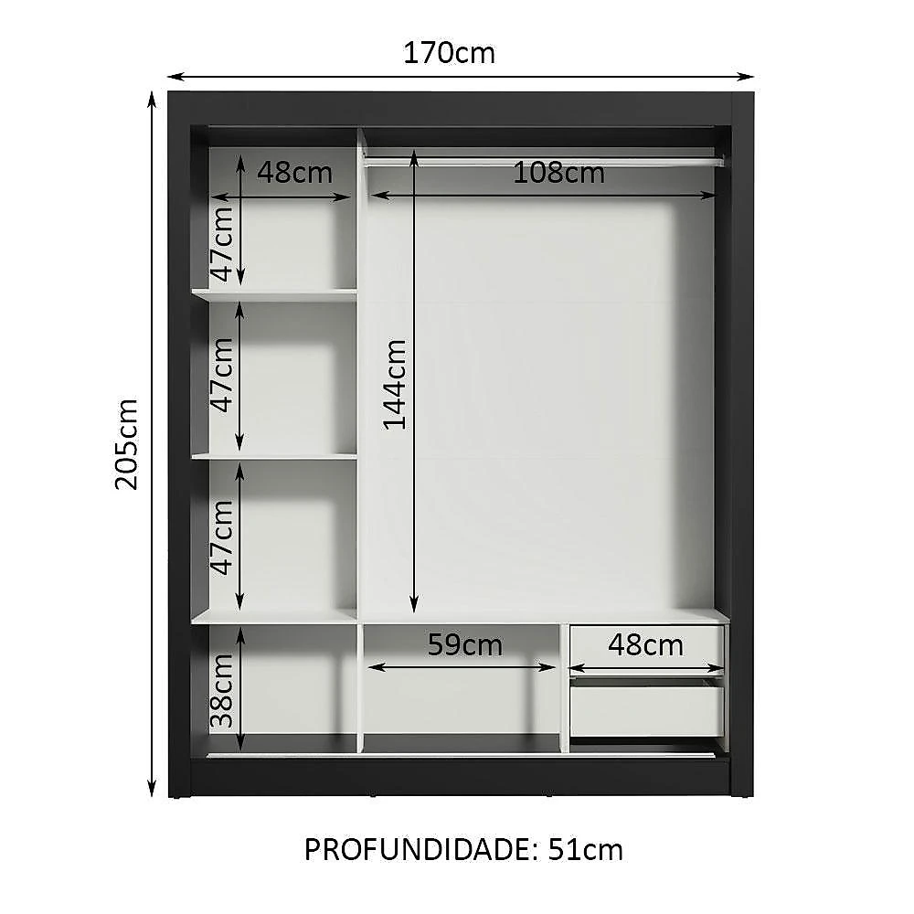 Guarda roupa casal madesa lyon 3 portas de correr com espelho 2 gavetas preto/rustic