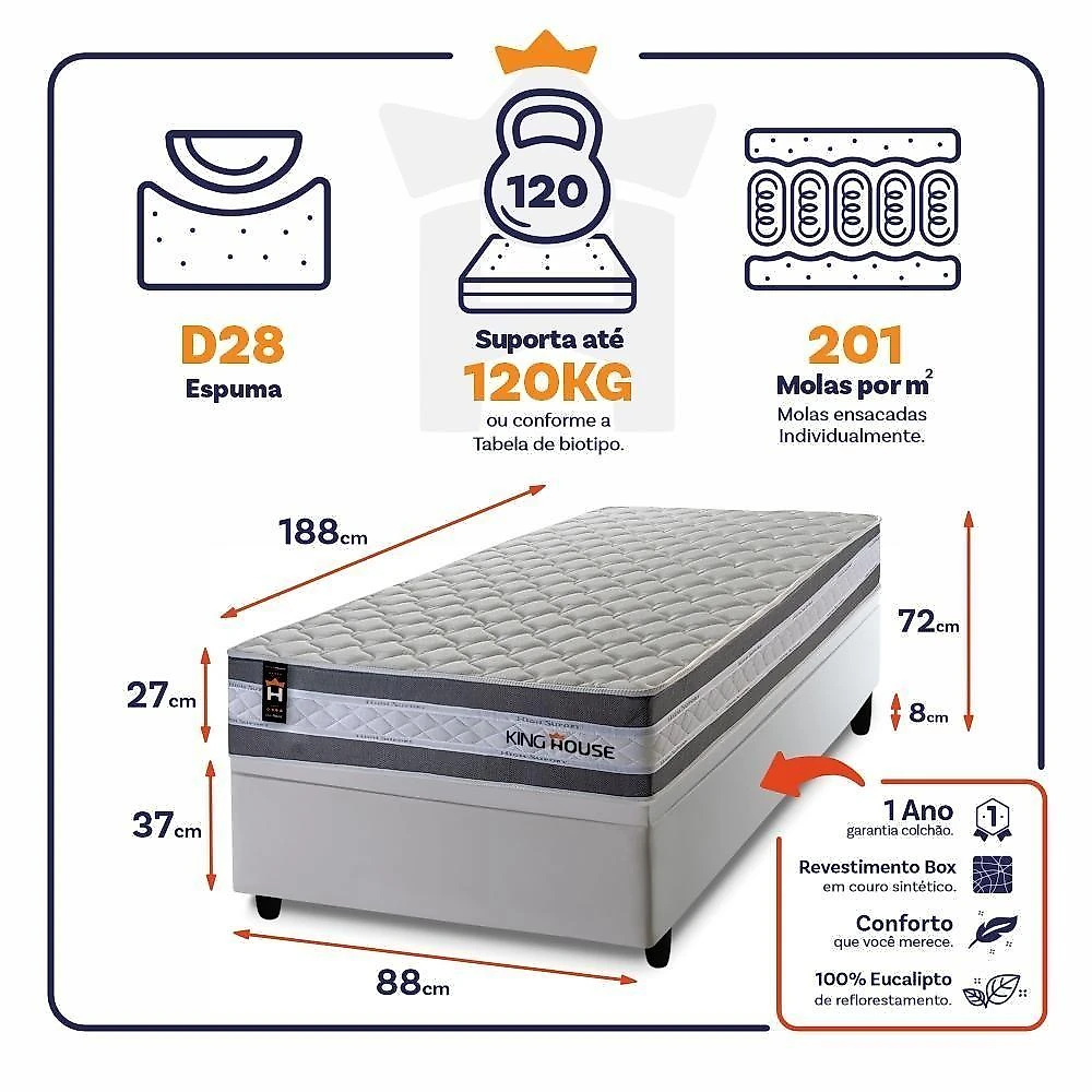 Cama Box com Baú Solteiro Alpine Molas Ensacadas Courino Cinza King House 88CM webcontinental-7908645517316