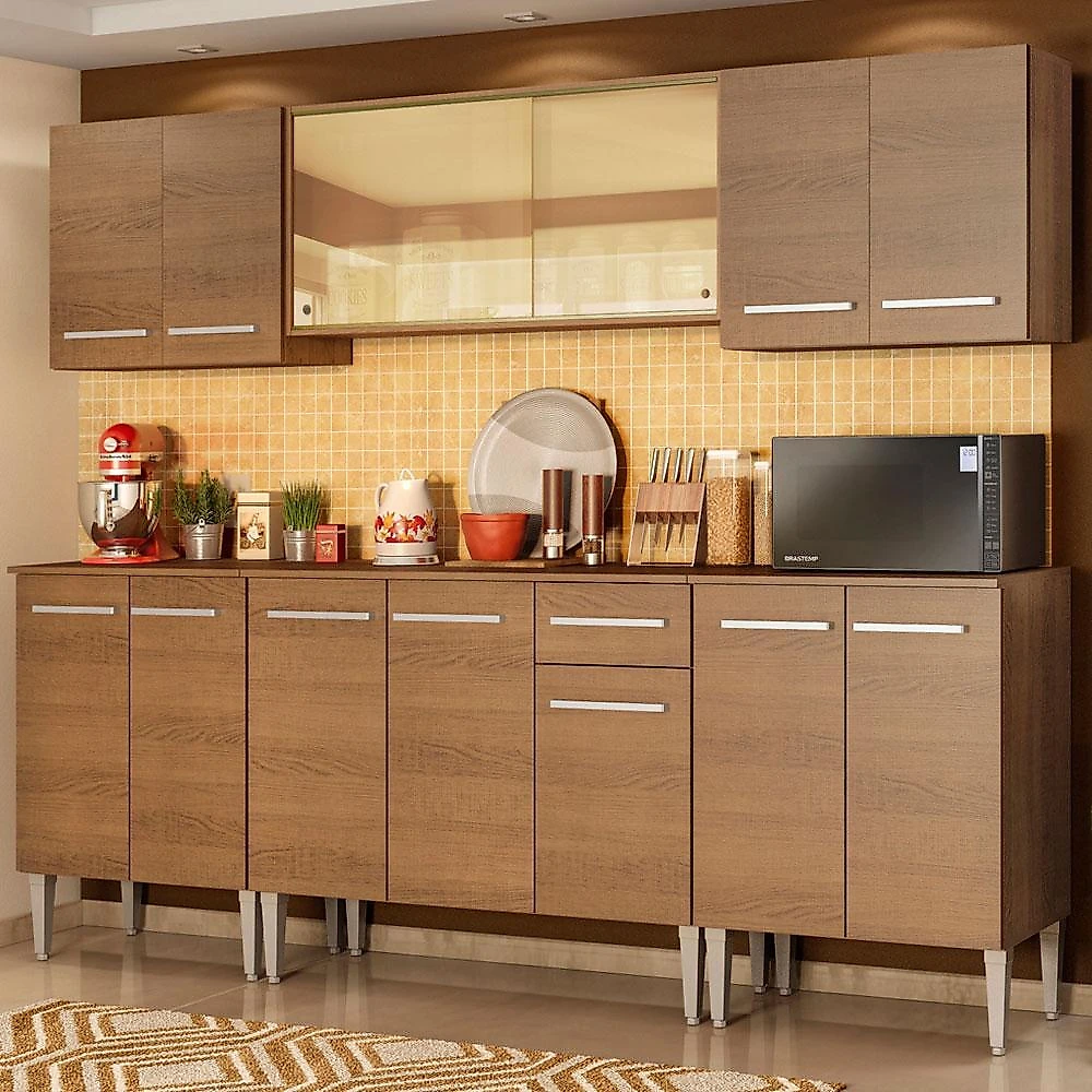 Cozinha completa madesa emilly fire com balcão e armário aéreo reflex rustic