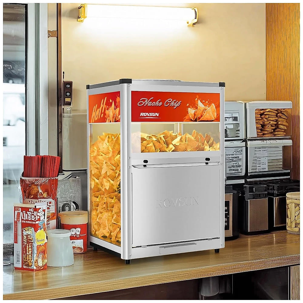 Aquecedor de Nachos ROVSUN Prata Inox com Porta de Vidro, Luz de Aquecimento e Defletor Removível