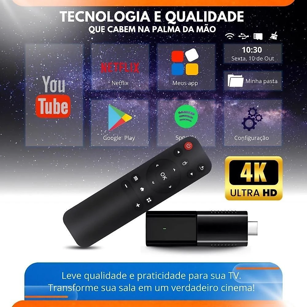 Smart TV Stick Lelong Android 4K para Streaming Wi-Fi HDMI com Controle Remoto Preto