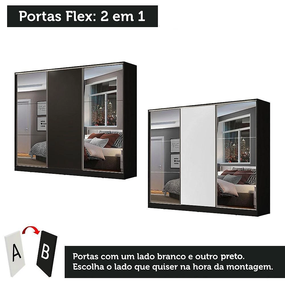 Guarda roupa casal 100% mdf madesa zurique 3 portas de correr com espelhos - preto/branco
