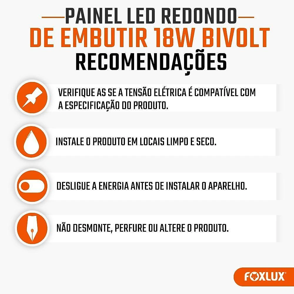 Painel LED Redondo Embutir Foxlux 18W 4000K Branco Neutro com Iluminação Uniforme